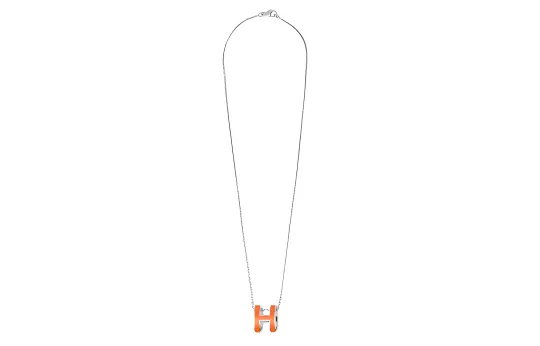 HERMES Palladium Necklaces Women's Vibrant Orange Pendant, Silver Chain