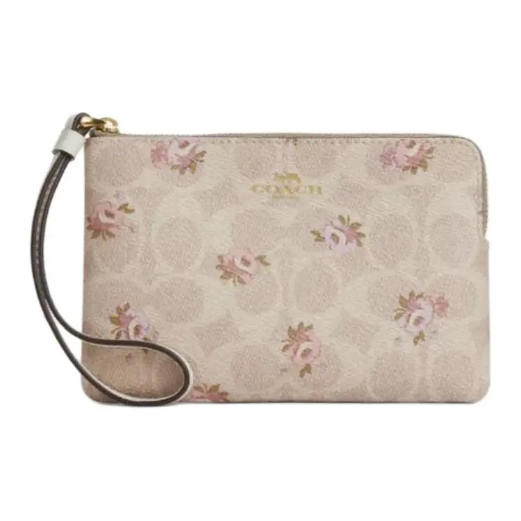 COACH Corner Zip Coated Canvas Clutch Small Women's Gold & Sand