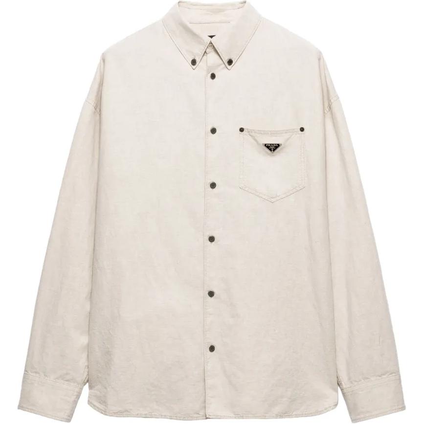 PRADA Prada FW25 Chambray Solid Color Single Breasted Logo Long Sleeve Shirt Men's Beige
