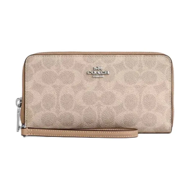 COACH Zip Around Coated Canvas Wallet Women's Silver & Sand & Taupe