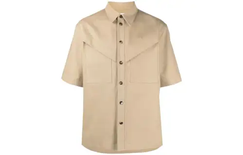 Bottega Veneta Bottega Veneta Solid Color Single Breasted Lapel Short Sleeve Shirt Men's Khaki