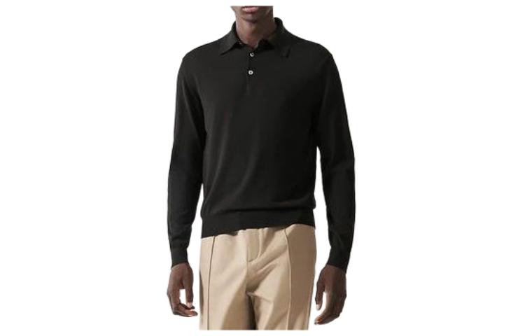 HERMES Polo Shirts Men's Black Polo Collar Moderate Straight Fit