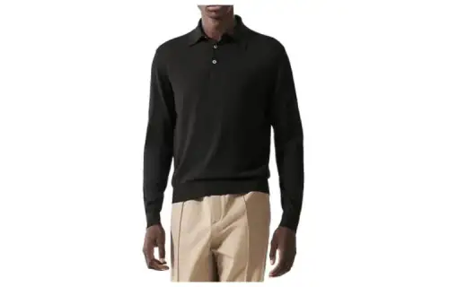 HERMES Polo Shirts Men's Black Polo Collar Moderate Straight Fit