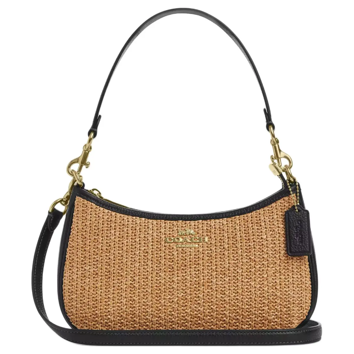 COACH Teri Straw Woven With Leather Handbag, Shoulder Bag Medium Women's Khaki & Black
