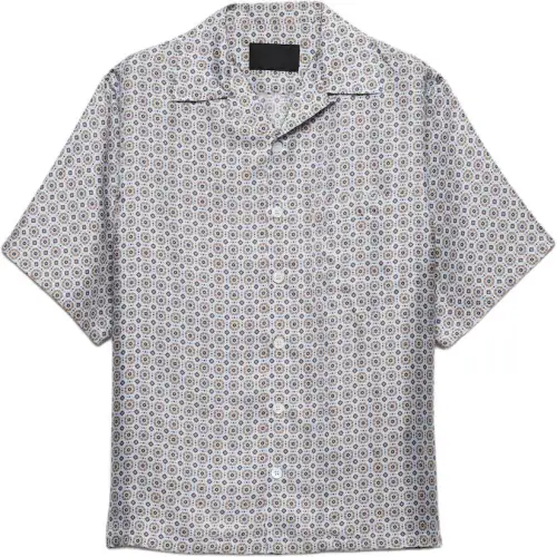 PRADA Short Sleeved Printed Silk Shirt Men's Light Blue