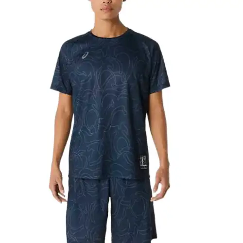 ASICS T Shirts Men's Blue Black Crew Neck Moderate