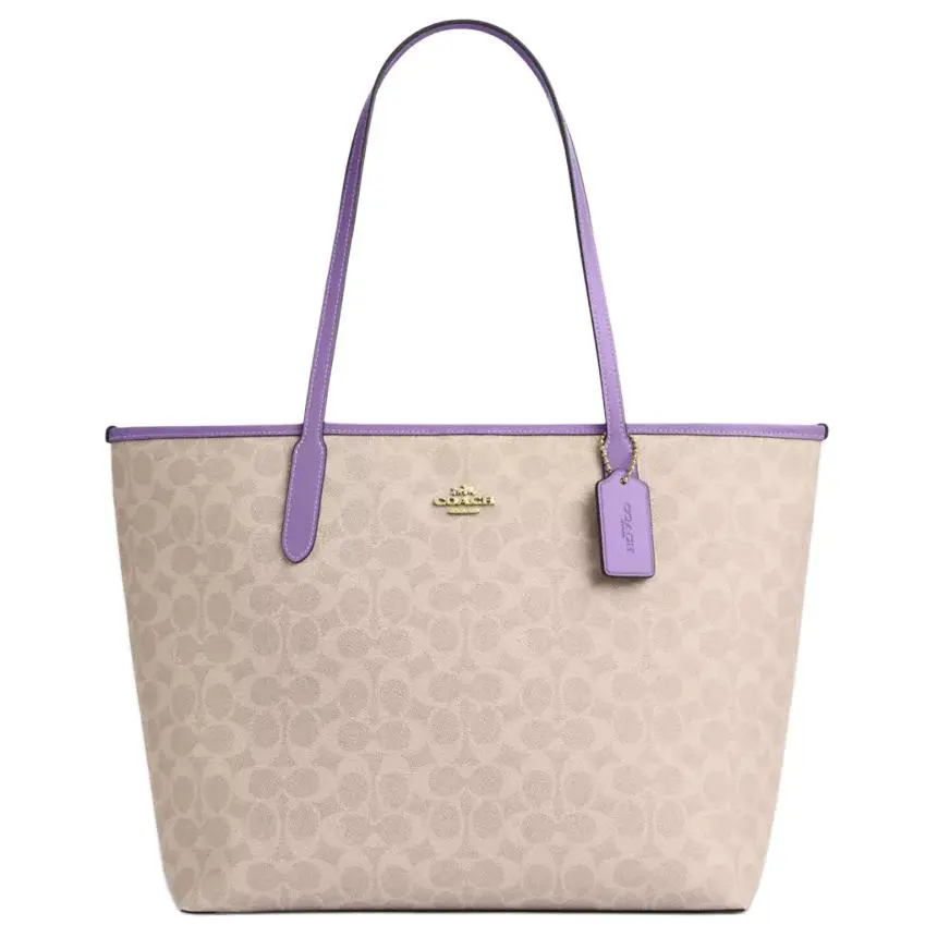 COACH City Coated Canvas Tote Bag, Shopping Bag, Handbag, Shoulder Bag Large Women's Beige & Purple