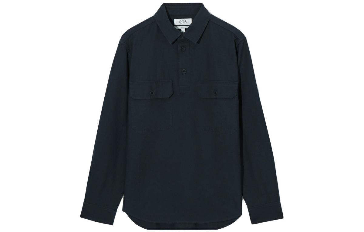 COS Shirts Men's Navy Blue Polo Collar Moderate Workwear