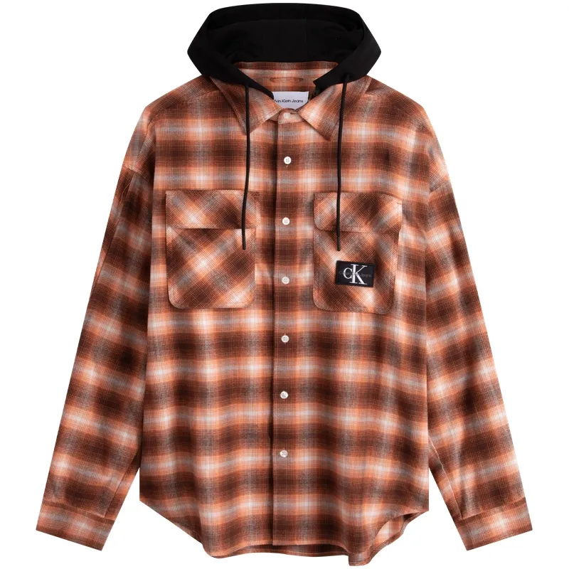 Calvin Klein Shirts Men's GT8-Bronze Brown Checkered Hooded (Detachable) Moderate Other