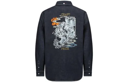 EVISU Shirts Men's Denim Blue Lapel Moderate Denim