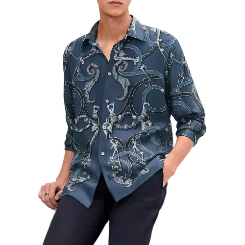 HERMES Shirts Men's Blue Lapel Moderate Other