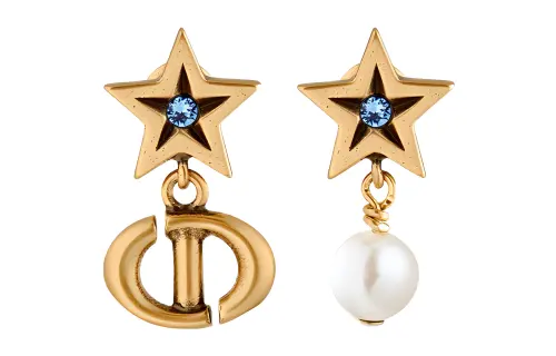 DIOR Metal Resin Faux Crystal Stud Earrings Women's Gold