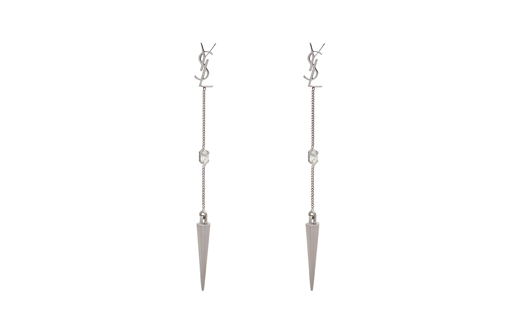 Yves Saint Laurent Apim Brass Glass Rhinestone Spike Earrings Women's Silver