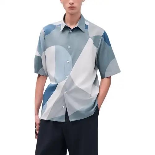 HERMES Shirts Men's Blue Gray Lapel Moderate