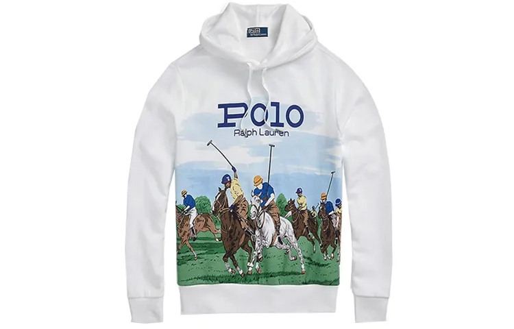 Polo Ralph Lauren Logo Letter Figure Print Fleece Lined Drawstring Hooded Pullover Long Sleeved Sweatshirt Men's White