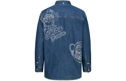 EVISU Shirts Men's Denim Blue Lapel Moderate Denim