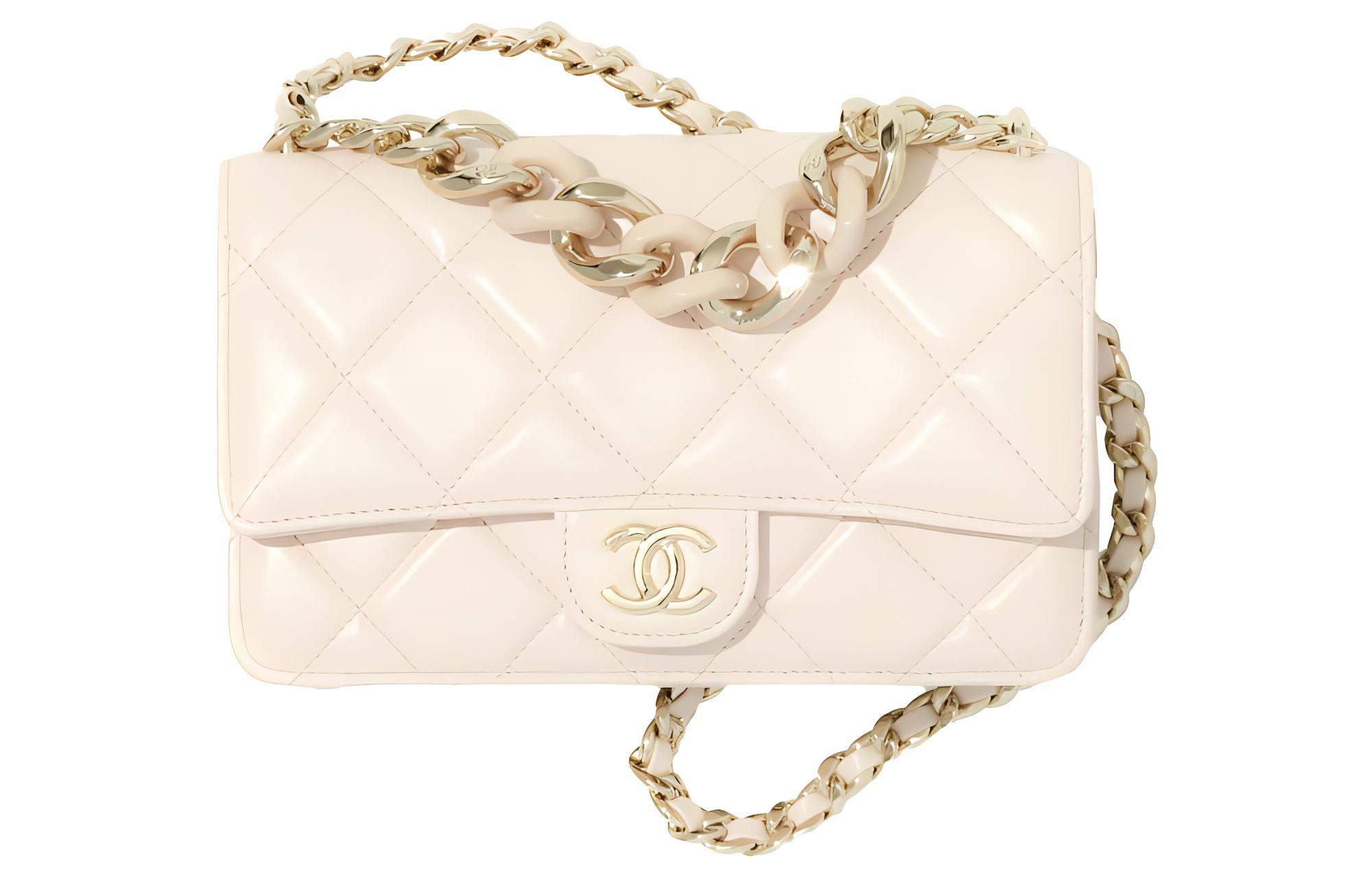 CHANEL WOC Lambskin Flap Bag Wallet On Chain, Small Square Bag, Shoulder Bag, Crossbody Bag Women's Beige