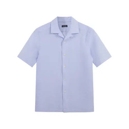 Zegna SS24 solid color single-breasted casual short-sleeved shirt men's sky blue
