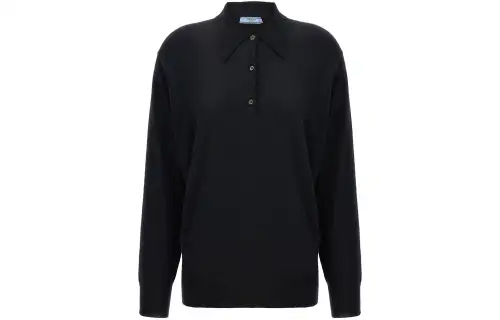 PRADA Polo Shirts Men's Black Pointed Collar Moderate Straight Fit