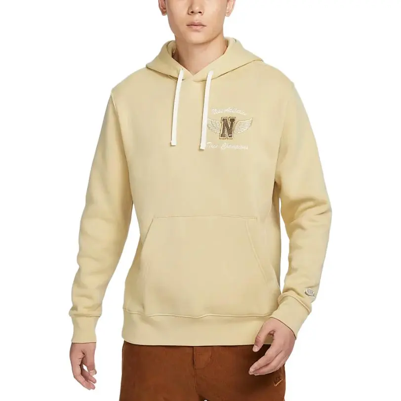 Nike Sportswear Club Logo Embroidery Letter Comfortable Soft Fleece Lined Pullover Hooded Sweatshirt Men's Yellow