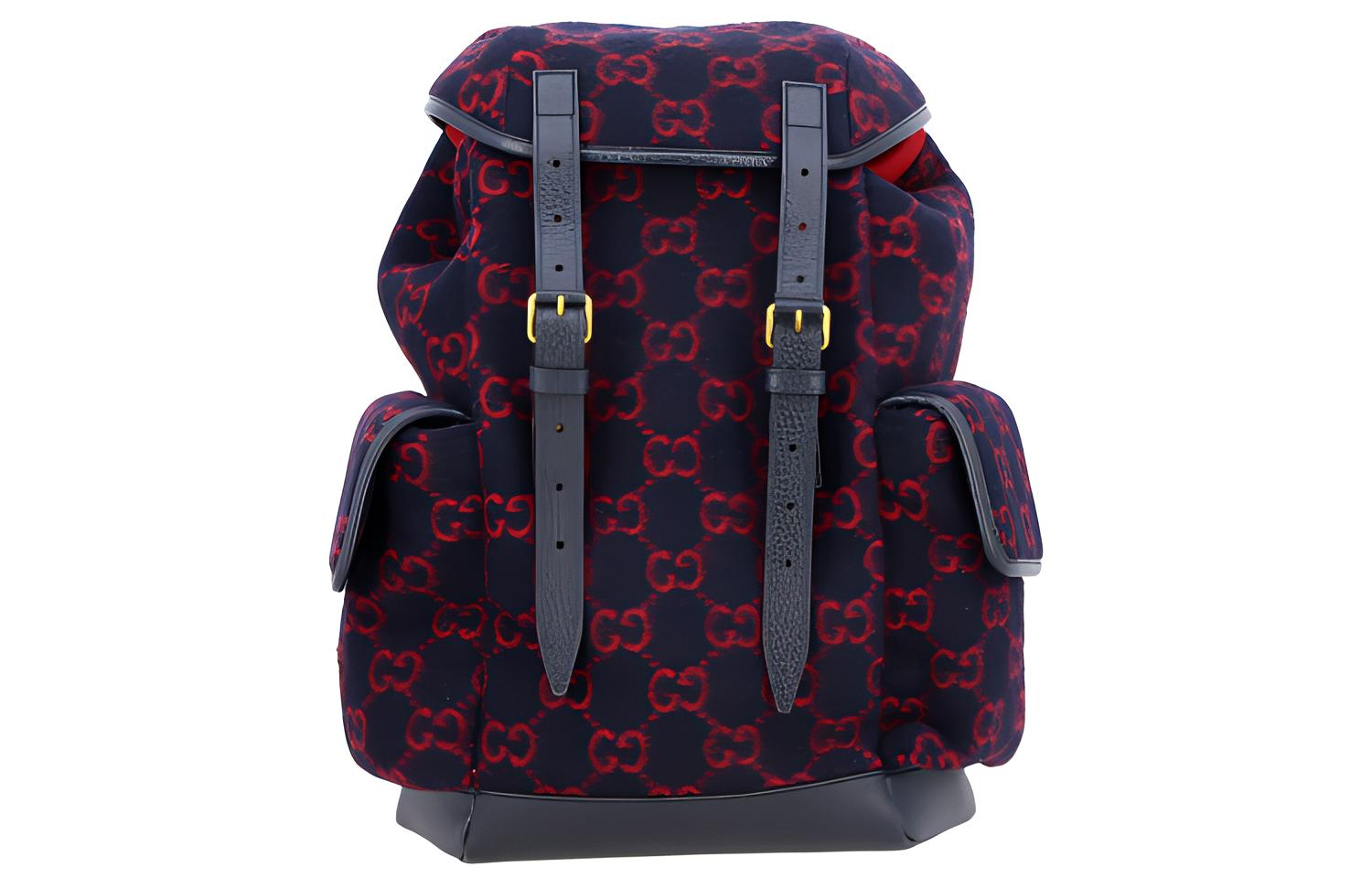 GUCCI Wool Patchwork Leather Backpack Unisex Dark Blue/Red