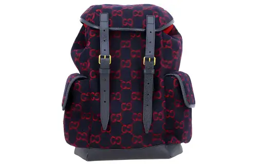 GUCCI Wool Patchwork Leather Backpack Unisex Dark Blue/Red
