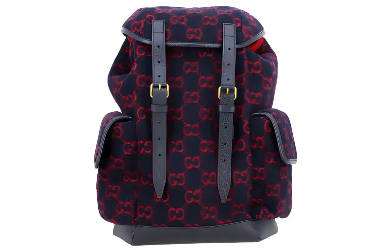 GUCCI Wool Patchwork Leather Backpack Unisex Dark Blue/Red