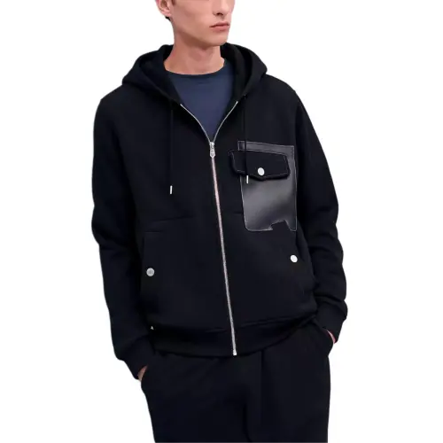 HERMES Sweatshirts Men's Black Hooded Moderate Cardigan
