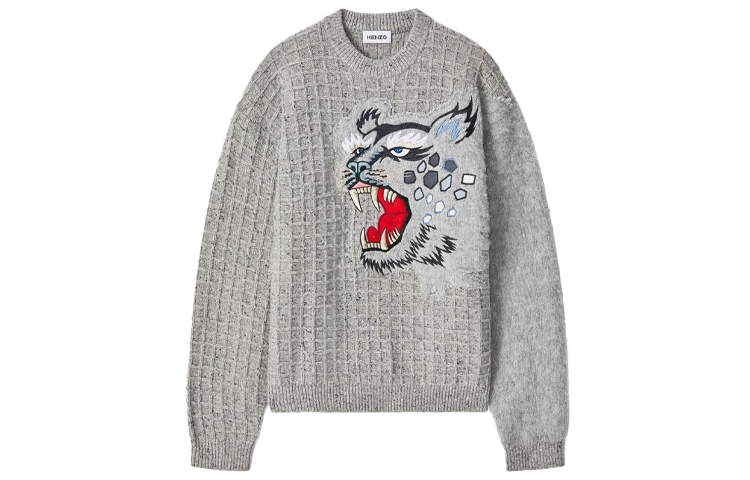 KENZO X kansai yamamoto SS21 round neck tiger cartoon print cardigan sweater for men gray