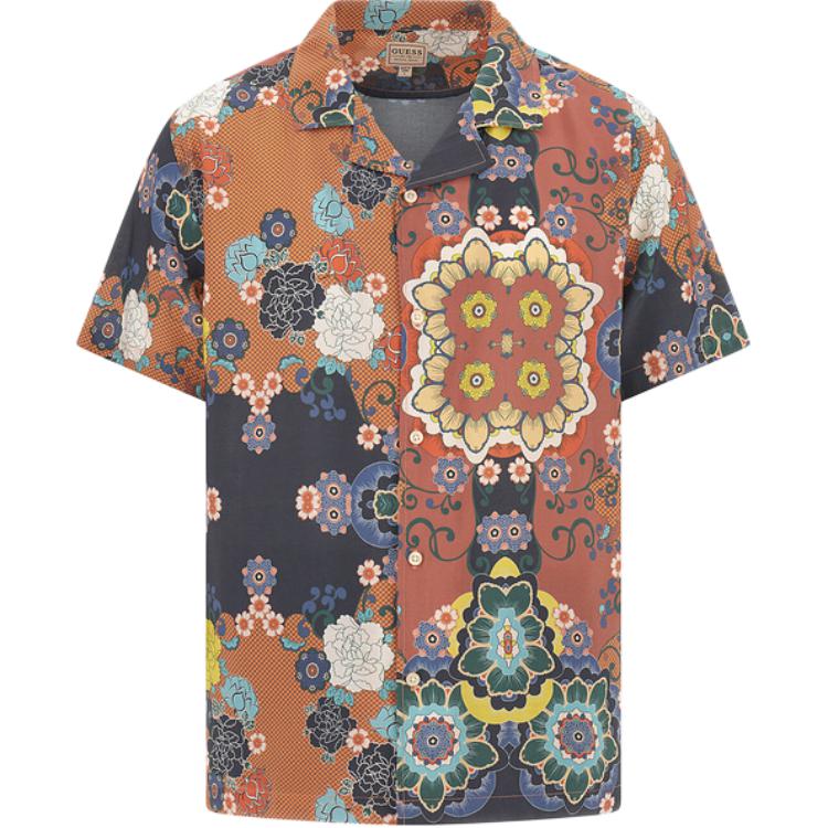 GUESS Винтаж Масляная печать печати для отдыха короткий рукав сорочка мужской стиль цветочный