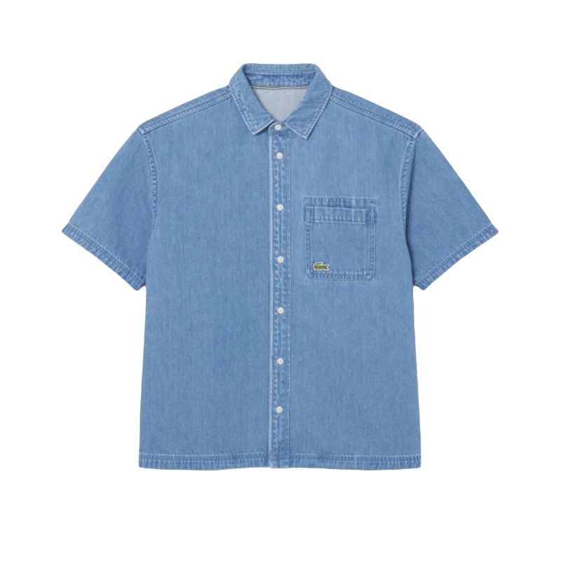 LACOSTE French Crocodile SS25 casual, comfortable and versatile denim short-sleeved shirt for men 1GF/Morandi Gray