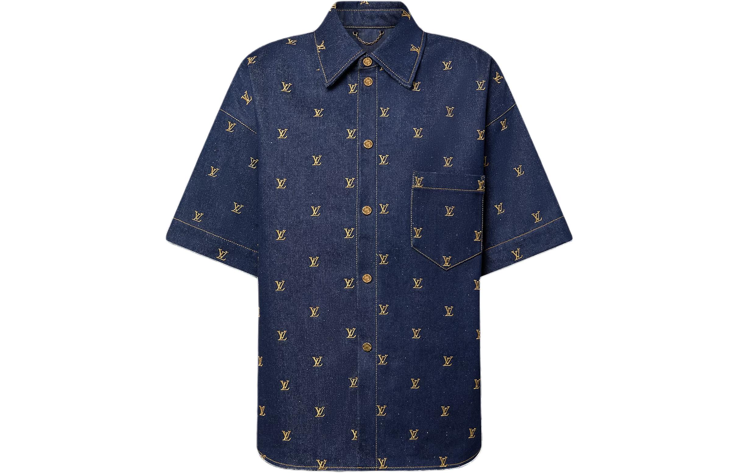 LOUIS VUITTON Embroidered Signature Short Sleeved Denim Shirt