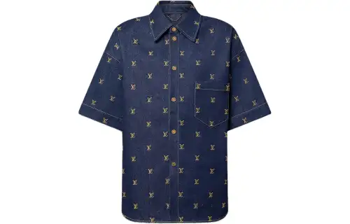 LOUIS VUITTON Embroidered Signature Short Sleeved Denim Shirt