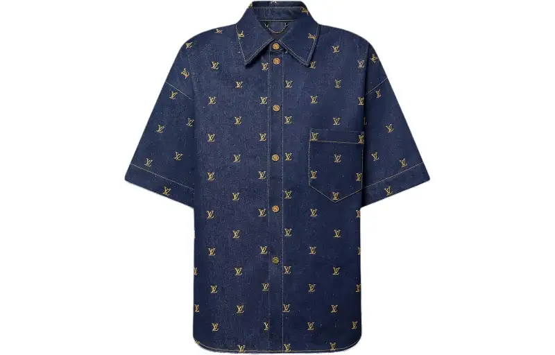 LOUIS VUITTON Embroidered Signature Short Sleeved Denim Shirt