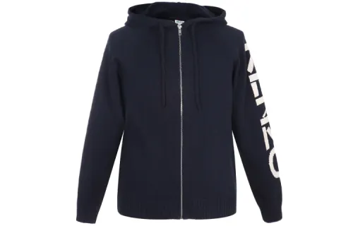 KENZO Sweaters Men's Dark Blue Hooded Moderate Cardigan