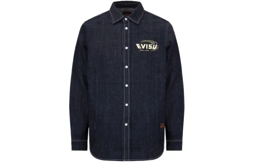 EVISU Shirts Men's Denim Blue Lapel Moderate Denim