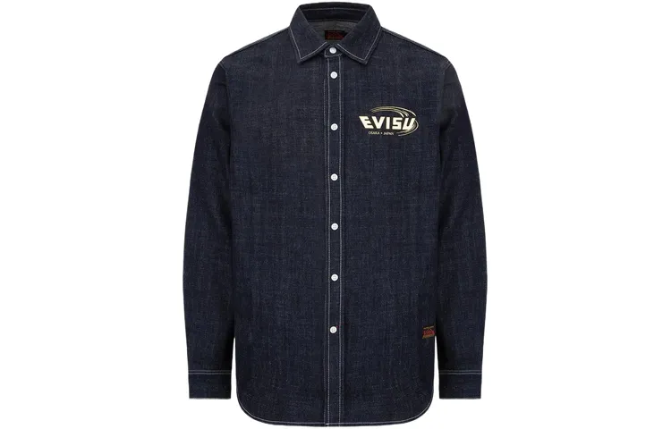 EVISU Shirts Men's Denim Blue Lapel Moderate Denim