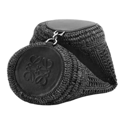 LOEWE Bracelet Straw Woven With Calfskin Wrist Portable Underarm Shoulder Bag Women's Black