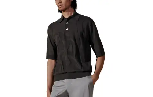 HERMES Polo Shirts Men's Black Polo Collar Moderate Straight Fit