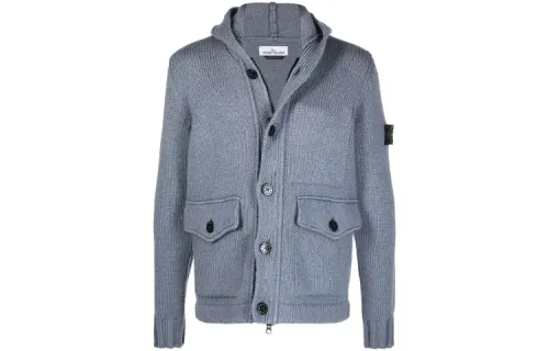 STONE ISLAND Sweaters Men's Gray Blue Hooded Moderate Cardigan