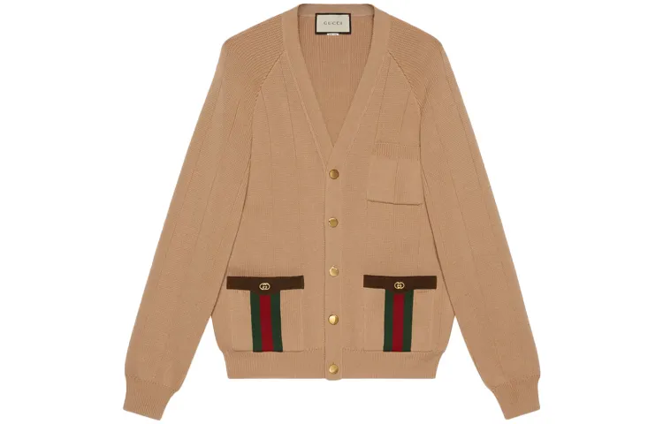 GUCCI Sweaters Men's Camel V Neck Moderate Cardigan