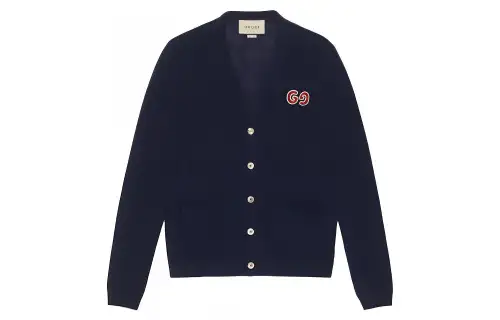 GUCCI GUCCI GG Embroidered Wool Cardigan Knitted Top Navy