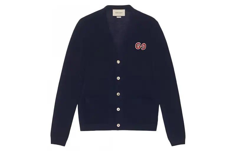 GUCCI GUCCI GG Embroidered Wool Cardigan Knitted Top Navy