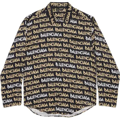 Balenciaga All Over Logo Collared Long Sleeve Shirt