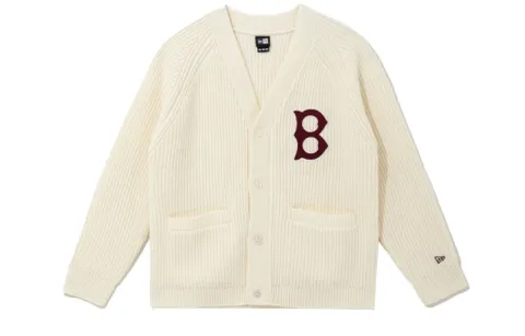 New Era Logo Print Wool Knit Cardigan Beige