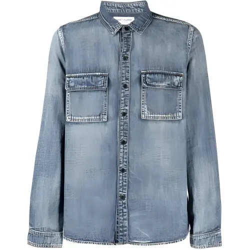 SAINT LAURENT Shirts Men's Blue Lapel Moderate Denim