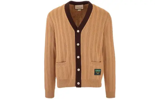 GUCCI Sweaters Men's Camel V Neck Moderate Cardigan