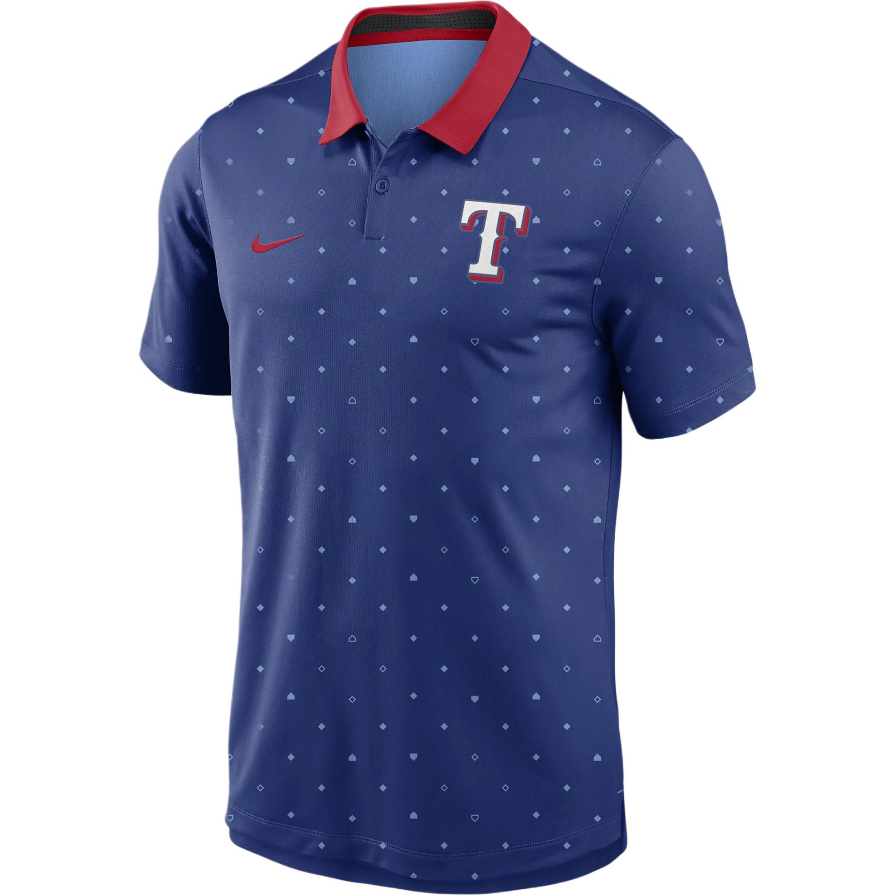 Nike X MLB joint model Texas Rangers logo printed with diamond pattern design, comfortable and casual, anti-UV function short-sleeved Polo shirt, Texas Rangers, men's royal blue