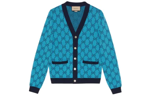 GUCCI Sweaters Men's Blue V Neck Moderate Cardigan