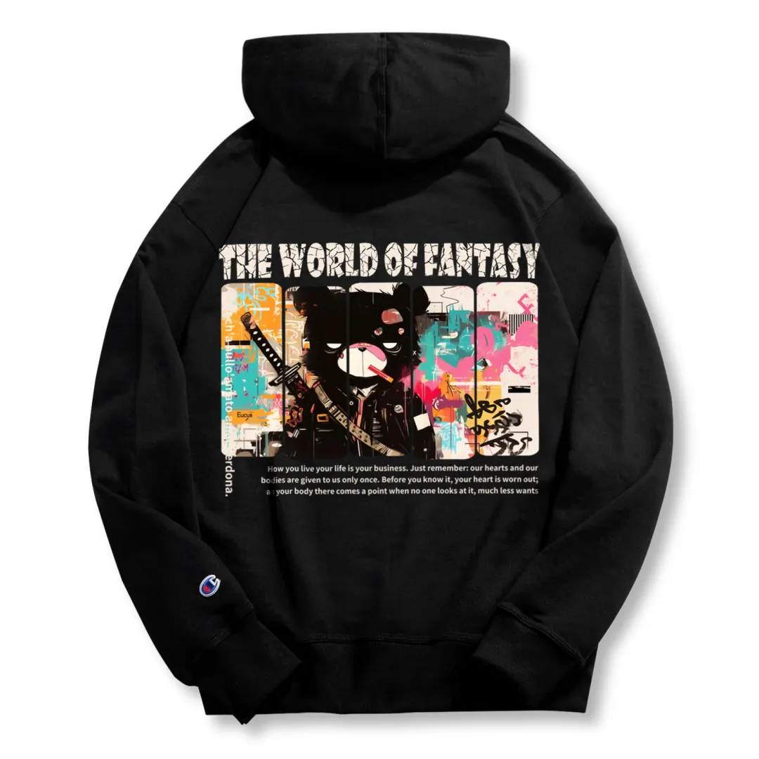 Champion Hoodie Monochrome Slacker Bear Fleece Lined Hooded Sweatshirt Unisex Black